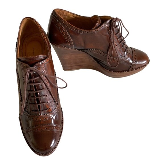 Zara Shoes - Zara Leather Oxford Lace up Wooden Wedge Platform Shoes